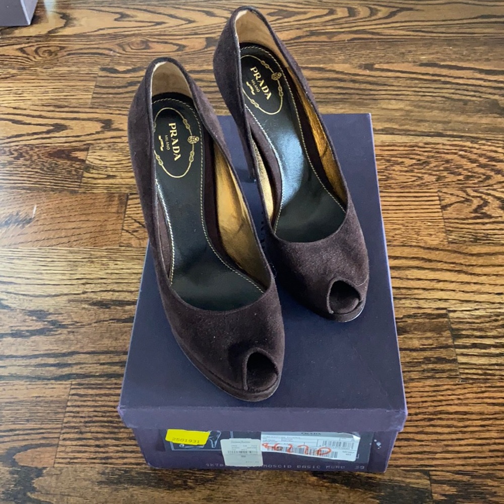 Prada brown suede wedge peep toe heels